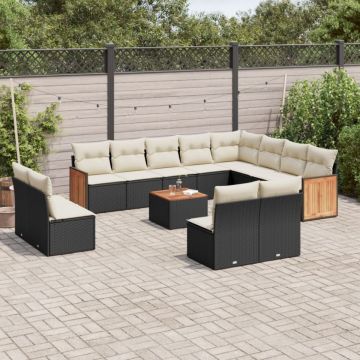 Set mobilier de grădină cu perne, 13 piese, negru, poliratan