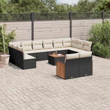 Set mobilier de grădină cu perne, 13 piese, negru, poliratan