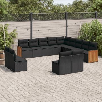 Set mobilier de grădină cu perne, 13 piese, negru, poliratan