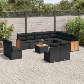 Set mobilier de grădină cu perne, 13 piese, negru, poliratan