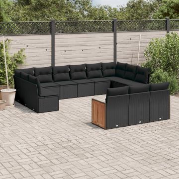 Set mobilier de grădină cu perne, 13 piese, negru, poliratan