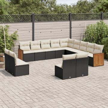 Set mobilier de grădină cu perne, 13 piese, negru, poliratan