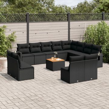 Set mobilier de grădină cu perne, 13 piese, negru, poliratan