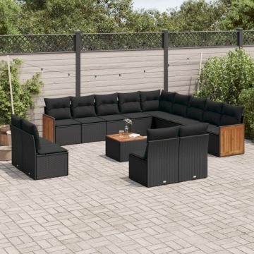 Set mobilier de grădină cu perne, 14 piese, negru, poliratan