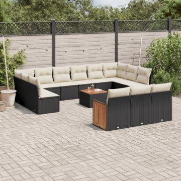 Set mobilier de grădină cu perne, 14 piese, negru, poliratan