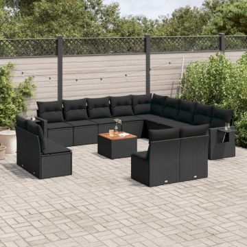 Set mobilier de grădină cu perne, 14 piese, negru, poliratan