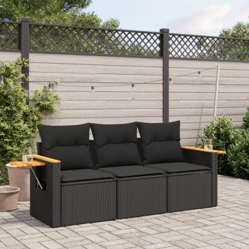 Set mobilier de grădină cu perne, 3 piese, negru, poliratan