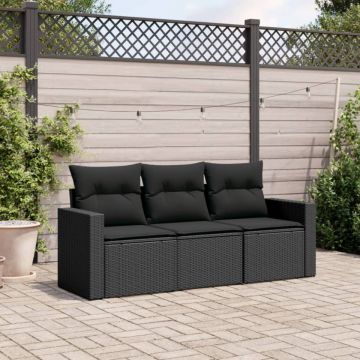 Set mobilier de grădină cu perne, 3 piese, negru, poliratan