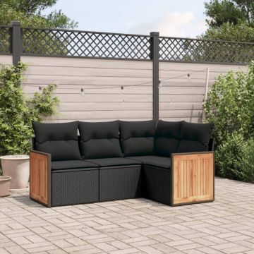 Set mobilier de grădină cu perne, 4 piese, negru, poliratan