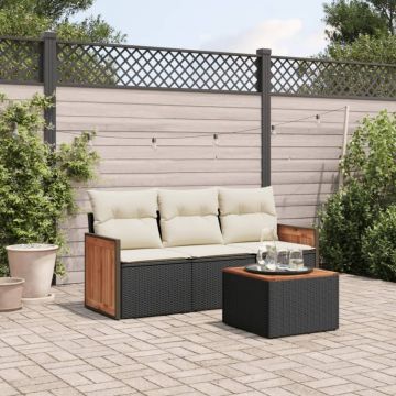 Set mobilier de grădină cu perne, 4 piese, negru, poliratan