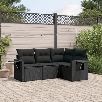 Set mobilier de grădină cu perne, 4 piese, negru, poliratan