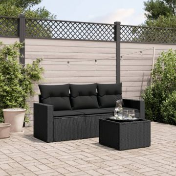 Set mobilier de grădină cu perne, 4 piese, negru, poliratan