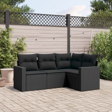 Set mobilier de grădină cu perne, 4 piese, negru, poliratan