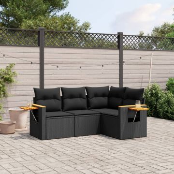 Set mobilier de grădină cu perne, 4 piese, negru, poliratan