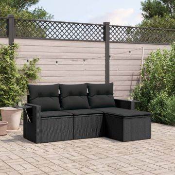 Set mobilier de grădină cu perne, 4 piese, negru, poliratan