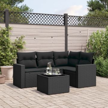 Set mobilier de grădină cu perne, 5 piese, negru, poliratan