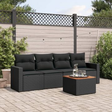 Set mobilier de grădină cu perne, 5 piese, negru, poliratan