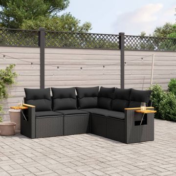 Set mobilier de grădină cu perne, 5 piese, negru, poliratan