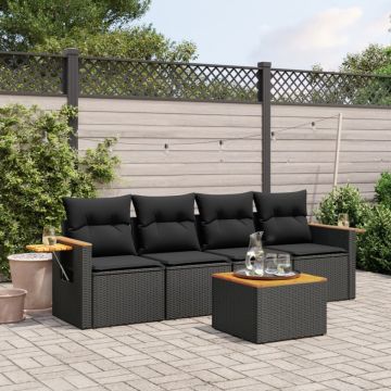 Set mobilier de grădină cu perne, 5 piese, negru, poliratan