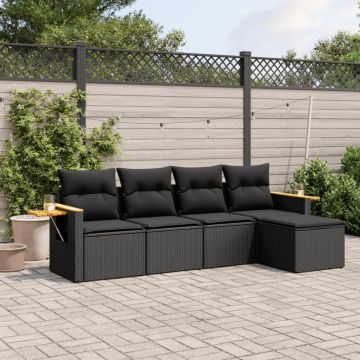 Set mobilier de grădină cu perne, 5 piese, negru, poliratan