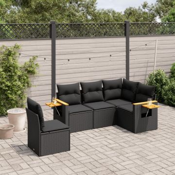 Set mobilier de grădină cu perne, 5 piese, negru, poliratan