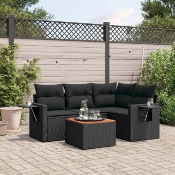 Set mobilier de grădină cu perne, 5 piese, negru, poliratan