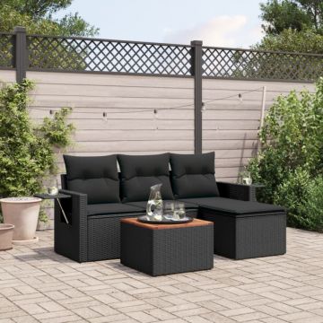 Set mobilier de grădină cu perne, 5 piese, negru, poliratan