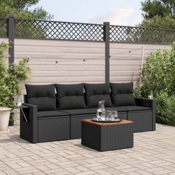 Set mobilier de grădină cu perne, 5 piese, negru, poliratan