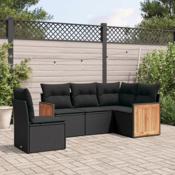 Set mobilier de grădină cu perne, 5 piese, negru, poliratan