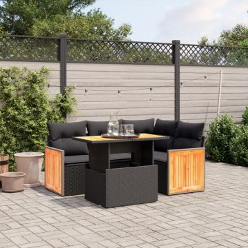 Set mobilier de grădină cu perne, 5 piese, negru, poliratan