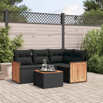 Set mobilier de grădină cu perne, 5 piese, negru, poliratan