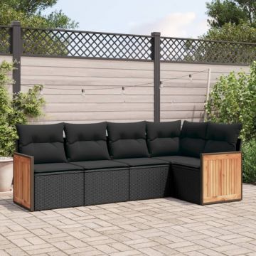 Set mobilier de grădină cu perne, 5 piese, negru, poliratan