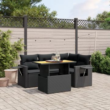 Set mobilier de grădină cu perne, 5 piese, negru, poliratan