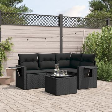 Set mobilier de grădină cu perne, 5 piese, negru, poliratan