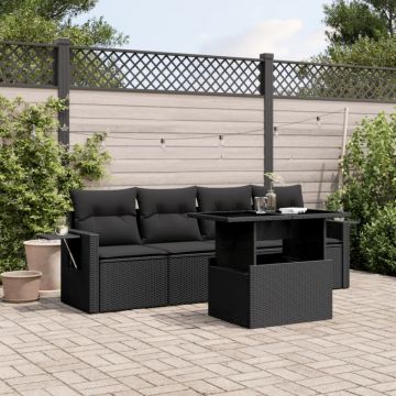 Set mobilier de grădină cu perne, 5 piese, negru, poliratan