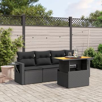 Set mobilier de grădină cu perne, 5 piese, negru, poliratan