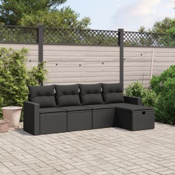 Set mobilier de grădină cu perne, 5 piese, negru, poliratan