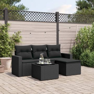 Set mobilier de grădină cu perne, 5 piese, negru, poliratan