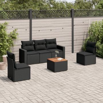 Set mobilier de grădină cu perne, 6 piese, negru, poliratan