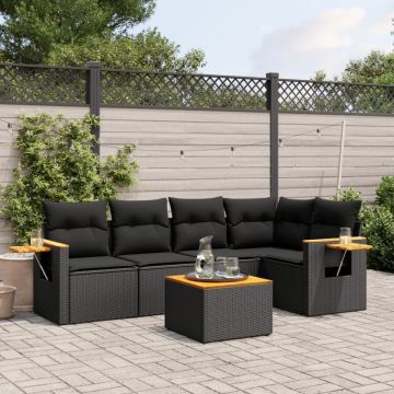 Set mobilier de grădină cu perne, 6 piese, negru, poliratan