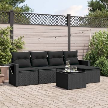 Set mobilier de grădină cu perne, 6 piese, negru, poliratan