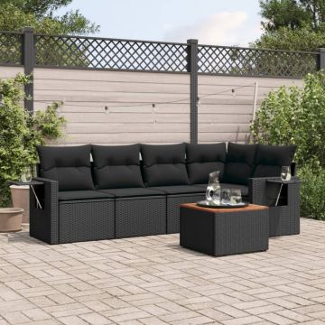 Set mobilier de grădină cu perne, 6 piese, negru, poliratan