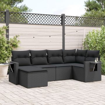 Set mobilier de grădină cu perne, 6 piese, negru, poliratan