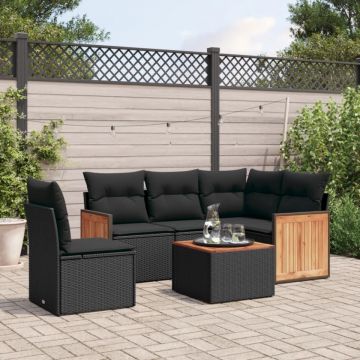 Set mobilier de grădină cu perne, 6 piese, negru, poliratan