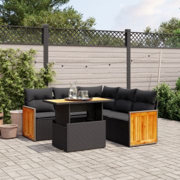 Set mobilier de grădină cu perne, 6 piese, negru, poliratan