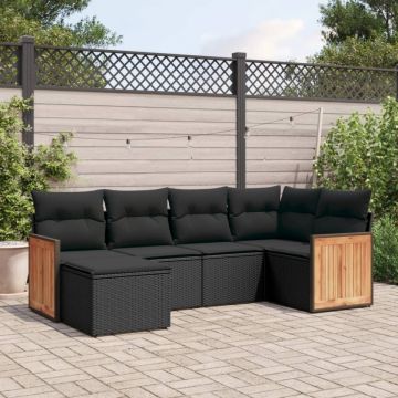 Set mobilier de grădină cu perne, 6 piese, negru, poliratan