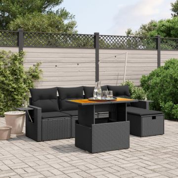 Set mobilier de grădină cu perne, 6 piese, negru, poliratan