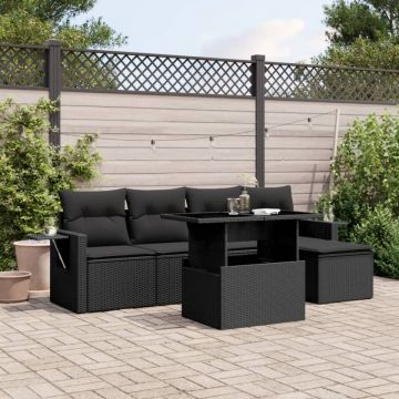 Set mobilier de grădină cu perne, 6 piese, negru, poliratan