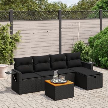 Set mobilier de grădină cu perne, 6 piese, negru, poliratan