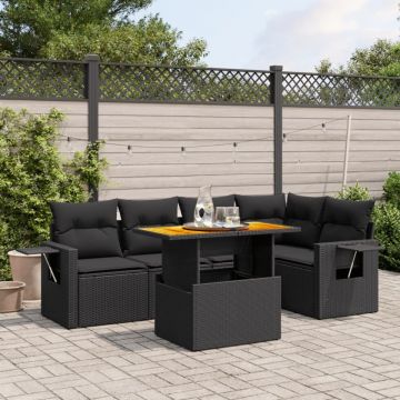 Set mobilier de grădină cu perne, 6 piese, negru, poliratan